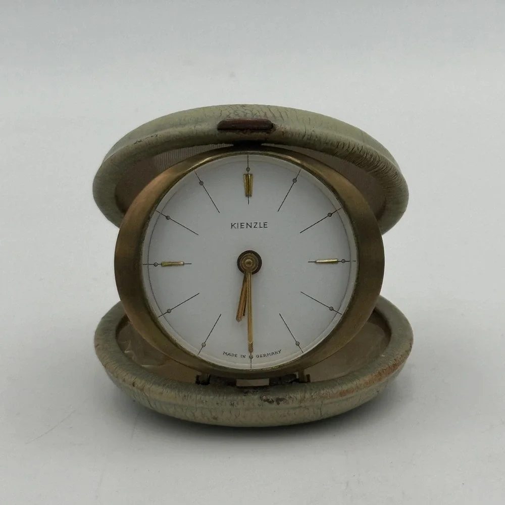 Vintage Kienzle Travel Alarm Clock Made in Germany Green Clamshell Case Brass